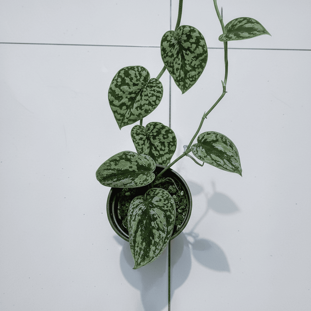 scindapsus pictus tricolor Potted plant with heart-shaped leaves on a white tiled wall